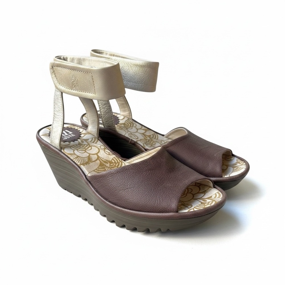 Fly London Yula Ankle Strap Wedge Open Toe Heel Sandal Brown Off White - 38 US7